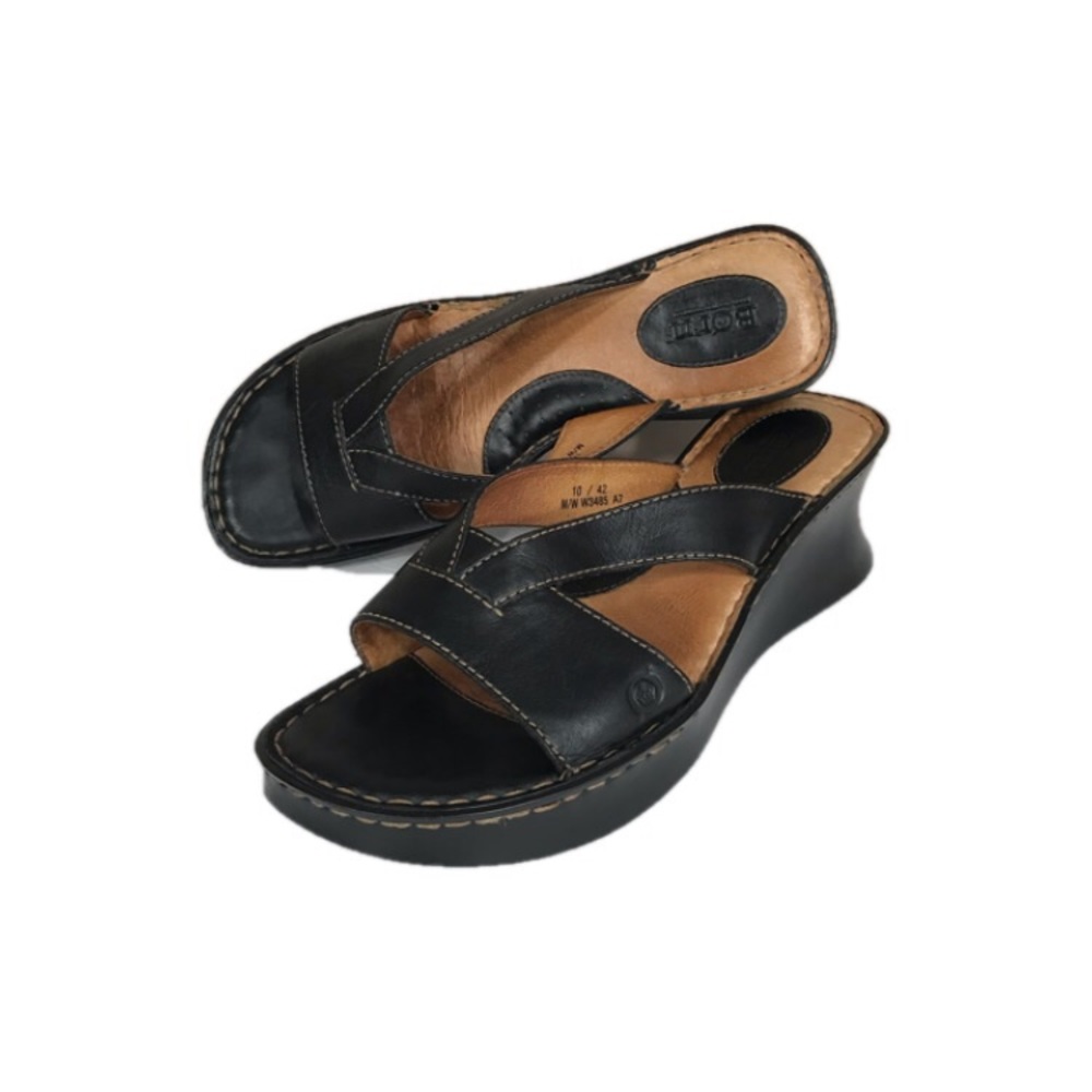Born Black Leather Wedge Slide Sandals Size 10